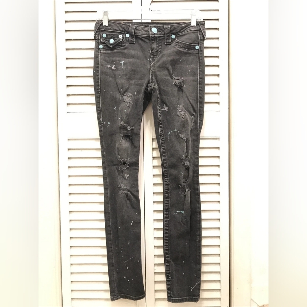 True Religion Black with Teal Splatter Super Skinny Distressed Jeans 29 - Picture 10 of 10